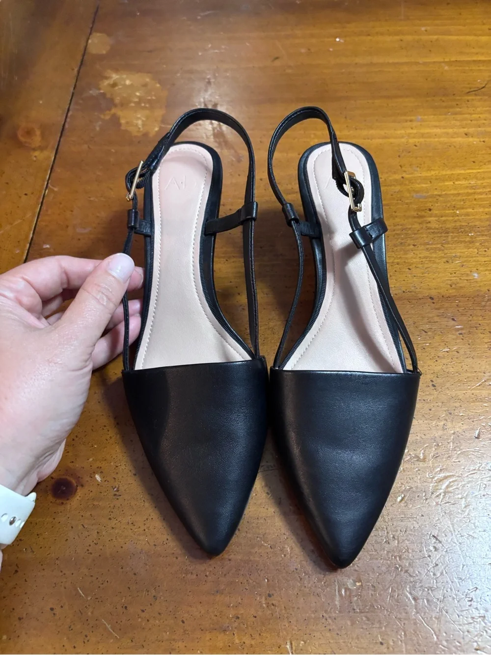 Black Pointed Slingback Heels with Woven Gold Heel Accent